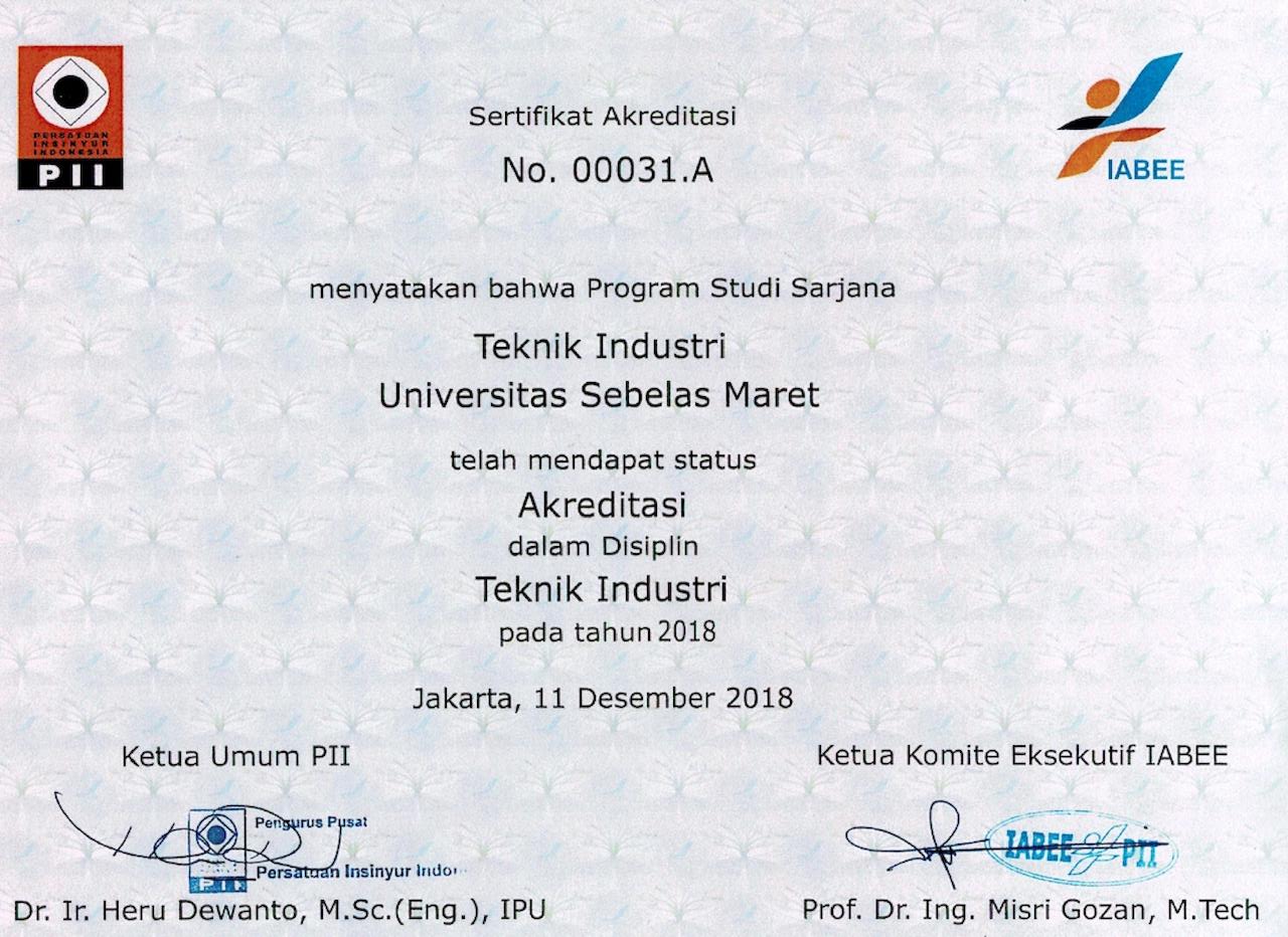Sertifikat Akreditasi S-1 Teknik Industri UNS - IABEE
